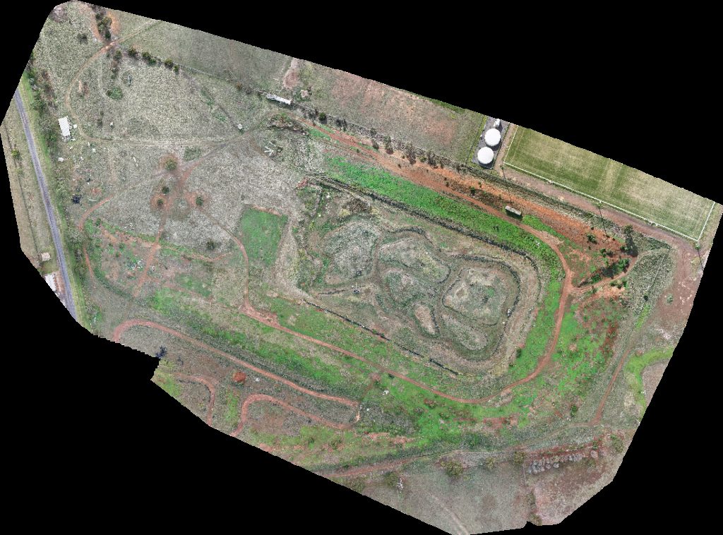 Drone map of Motor Track Melton Broncos Rugby League Club in athletic field Aerial drone map in Harkness, Vic, AU