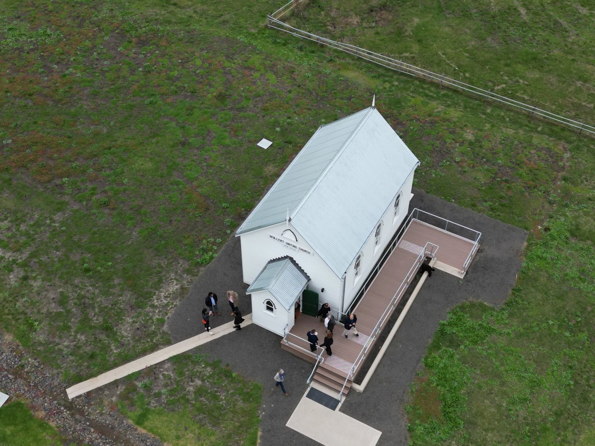 Drone 3d model of Seven Wishes Yoga Former Wollert Uniting Church 1878 in rippon lea park Aerial drone 3d model in Mernda, Vic, AU