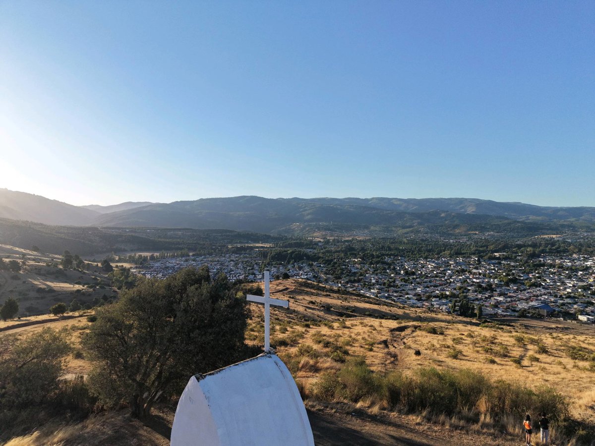 Drone 3d model of Santuario San Sebastián Familia torres mesa in sede social villa Aerial drone 3d model in Malleco, Araucania, CL