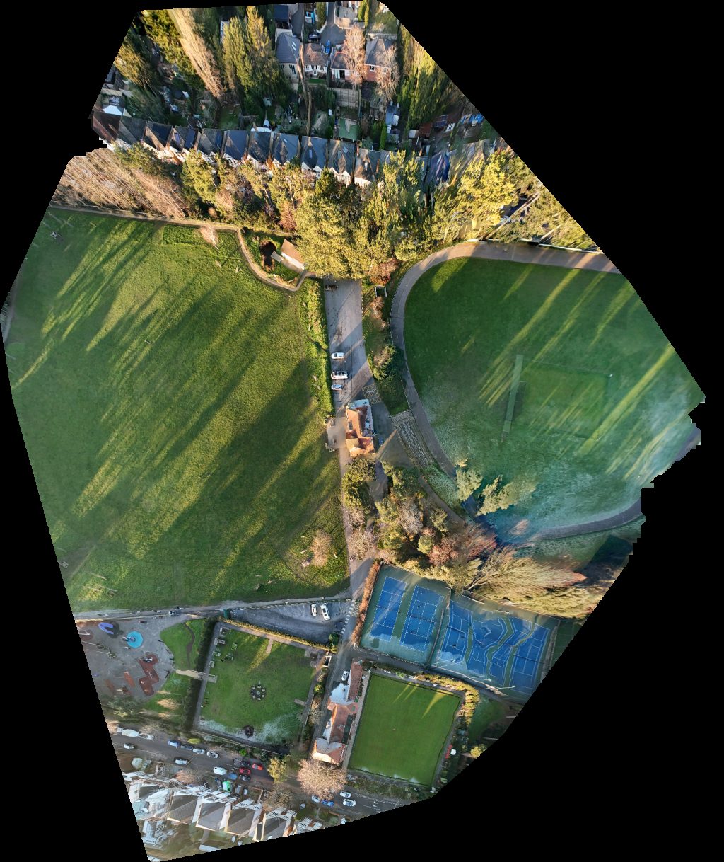Drone map of The Parks Foundation Winton Park Cafe in The Cricket Pavilion Aerial drone map in Bournemouth, Christchurch and Poole, England, GB