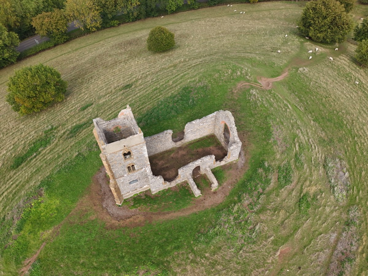 Drone 3d model of National Trust Burrow Mump Cemetery in moorland turn Aerial drone 3d model in Burrowbridge, England, GB