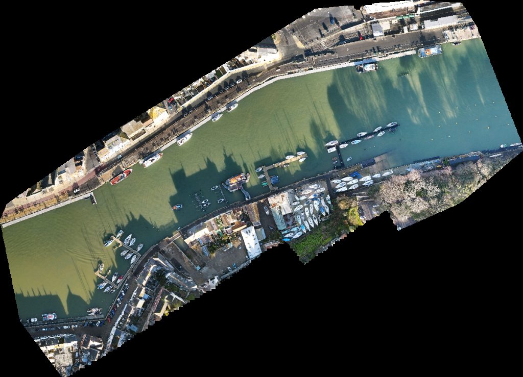 Drone map of RNLI Weymouth Inshore Lifeboat Boathouse Gig Rowing Club in car park Aerial drone map in Dorset, England, GB