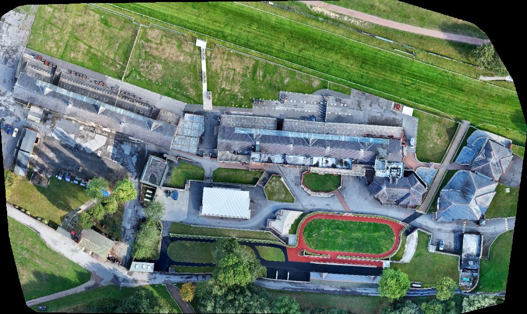 Drone map of Pontefract Racecourse junior parkrun in Pontefract Park Aerial drone map in West Yorkshire, England, GB