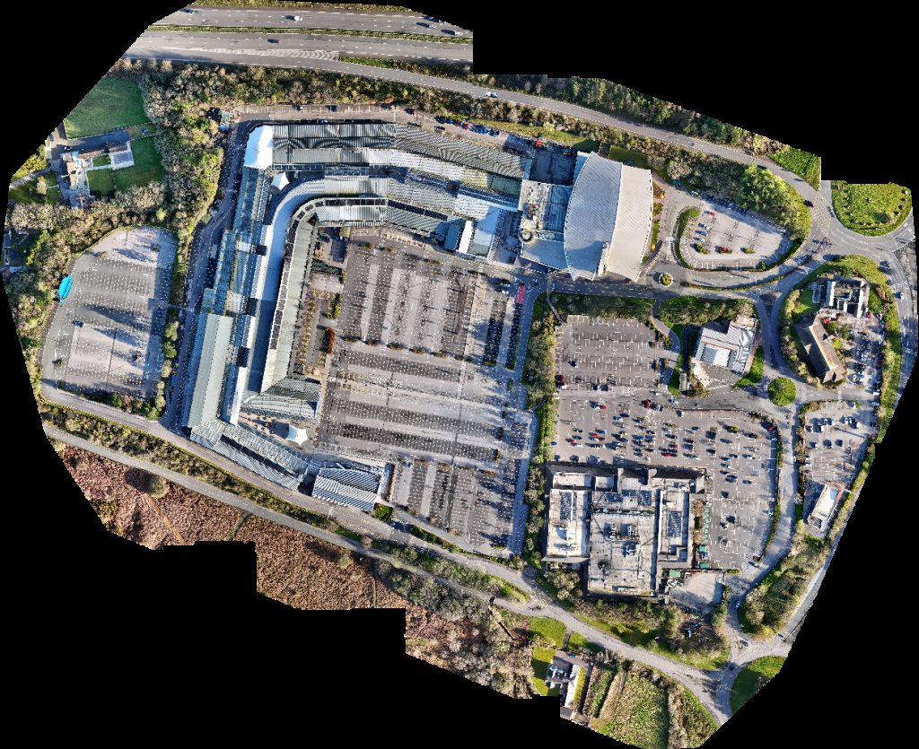 Drone map of Five Guys Burgers and Fries Designer Outlet Mowgli Street Food in sainsbury s Aerial drone map in Bridgend County Borough, Wales, GB