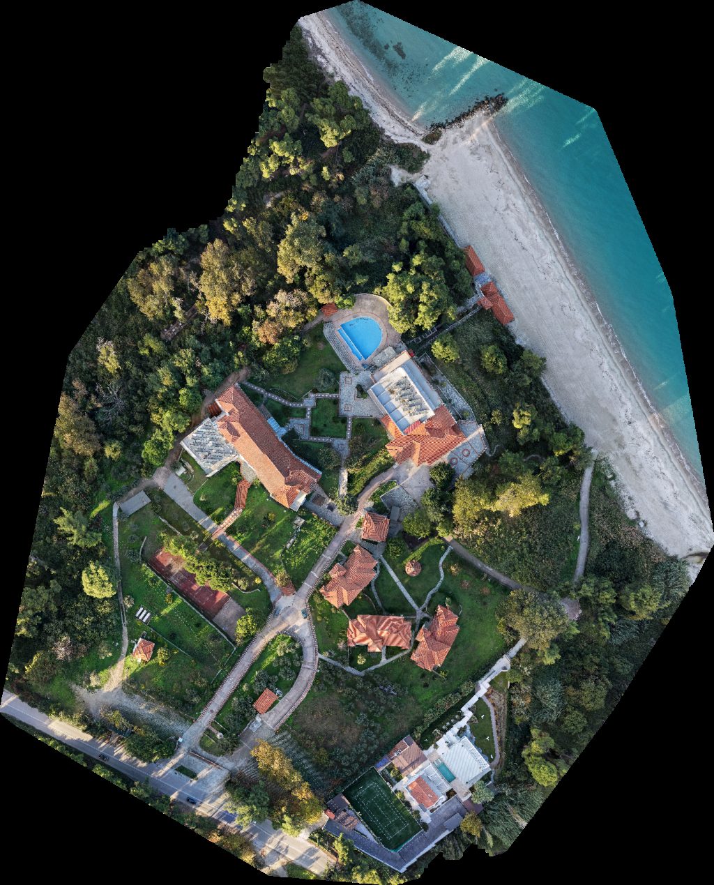 Drone map of Alexander the Great Beach Hotel Алекс велики Aerial drone map in Kriopigi, Region, GR