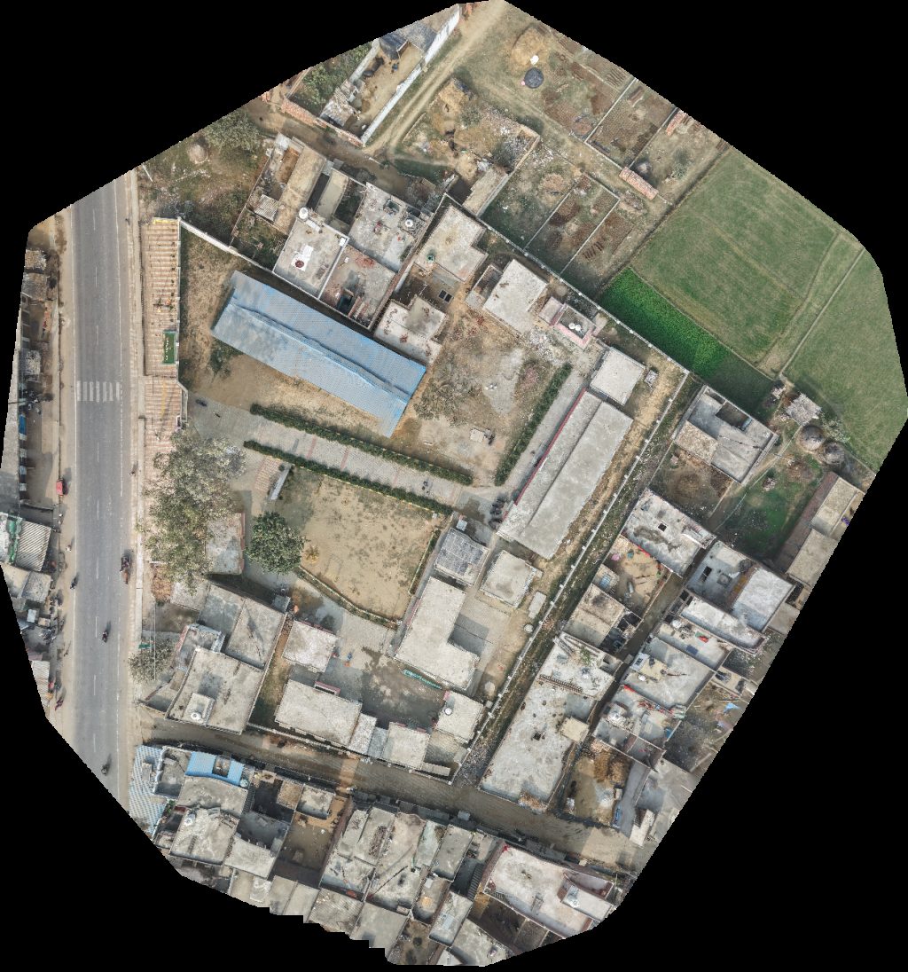 Drone map of Purva Madhyamik Vidyalaya Primary School in medical store Aerial drone map in Bahjoi, Up, IN