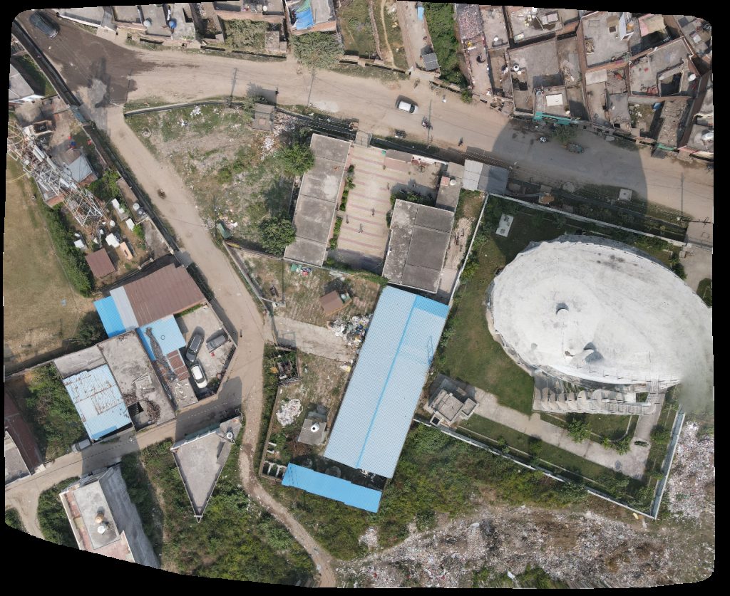 Drone map of nagarpalika water tank Ayesha Masjid in Chhoty Lal Colony Aerial drone map in Chandausi, Up, IN