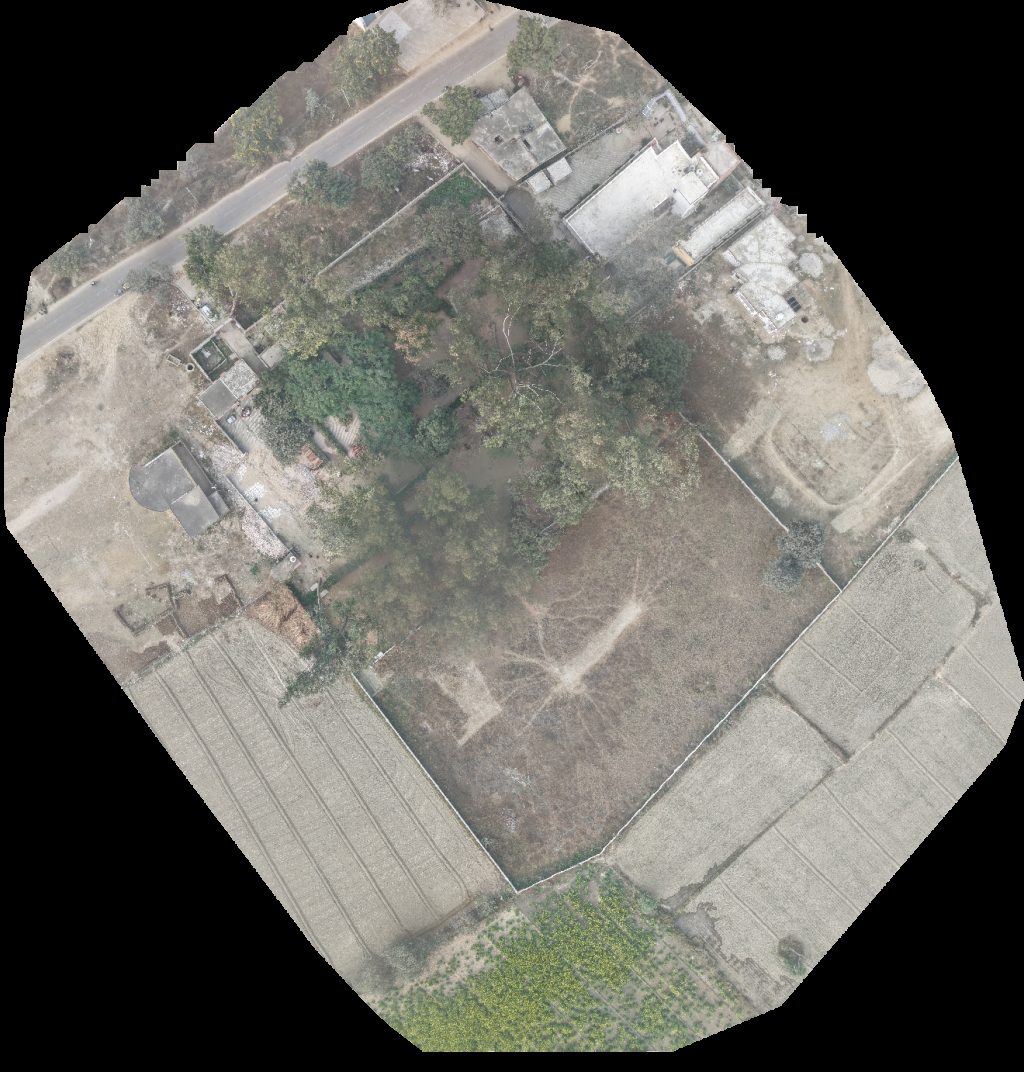 Drone map of BRC Baba Teras Giri Mandir Davthara in marriage home Aerial drone map in Junawai, Up, IN