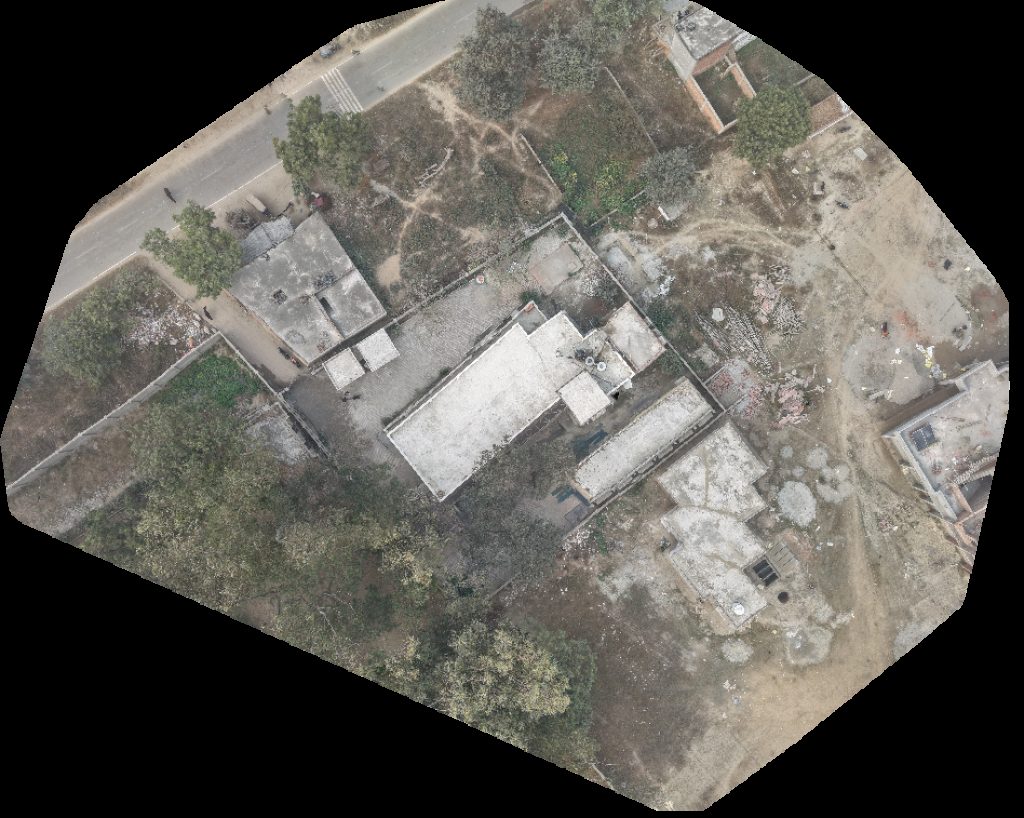 Drone map of BRC Baba Teras Giri Mandir Davthara in ब ल्ड ंग Aerial drone map in Junawai, Up, IN