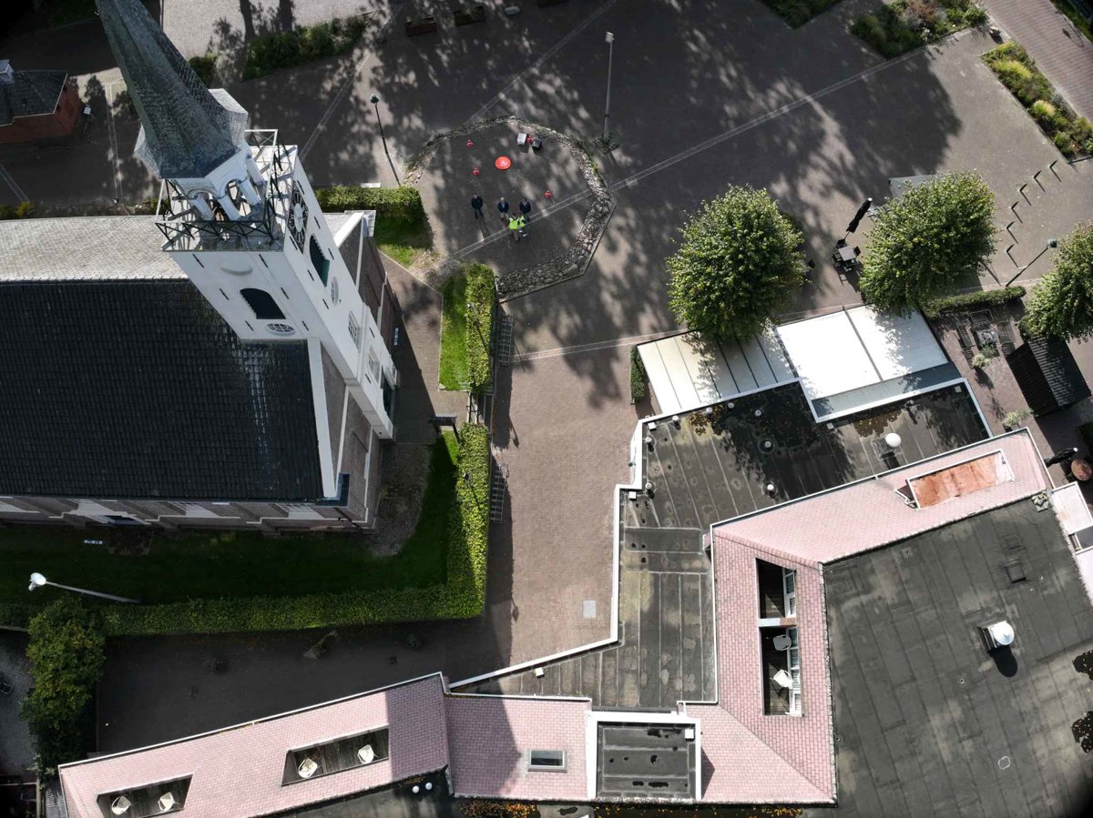 Drone 3d model of Nederlands Hervormde Kerk Bowling Strike Stones in odoorn hoofdstraat 14 Aerial drone 3d model in Odoorn, Dr, NL