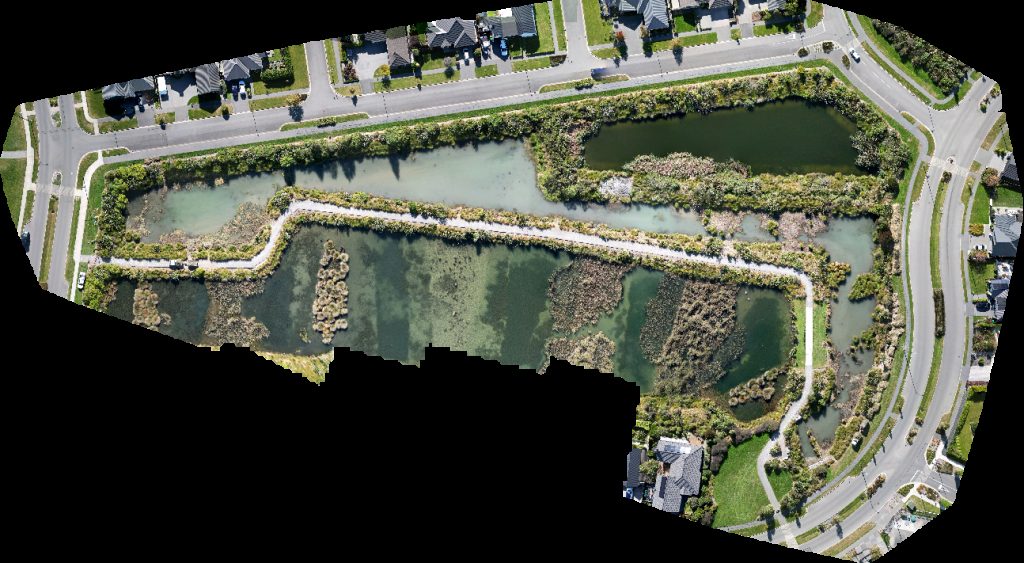 Drone map of Vernon Drive Wildlife Ponds Patiki Reserve in te whariki Aerial drone map in Lincoln, Canterbury Region, NZ