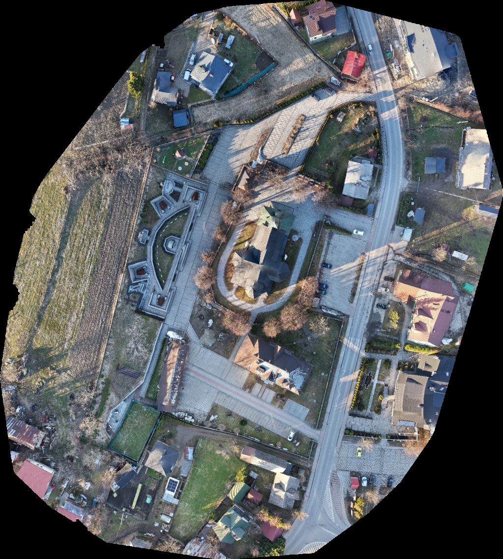 Drone map of Kościół MB Nieustającej Pomocy w Jurkowie Lody Łąckie in w jurkowie Aerial drone map in Jurków, Wojewodztwo Ma Opolskie, PL