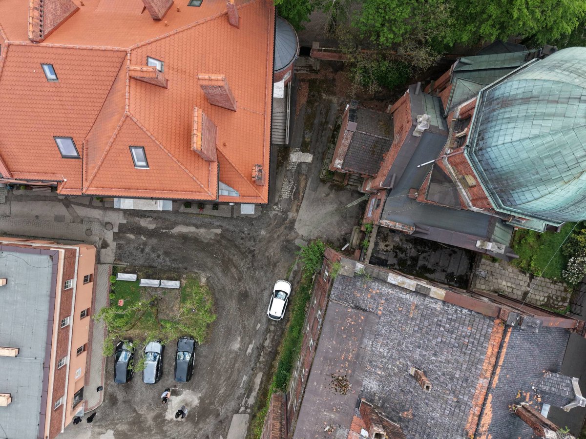 Drone 3d model of Juliusz hospital complex in Dawna kaplica pw św Juliusza in Śródmieście Aerial drone 3d model in Rybnik, Wojewodztwo Slaskie, PL