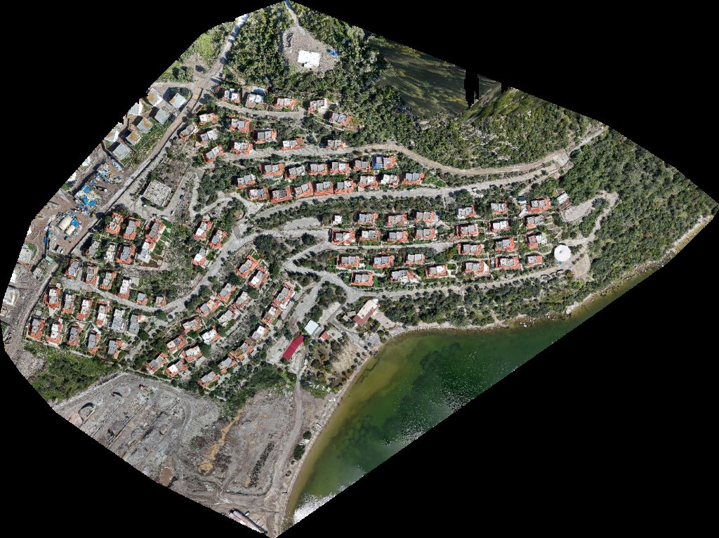 Drone map of Gulum Coastal Site Orkinoz Kooperatifi in horizon sky Aerial drone map in Milas, Mugla, TR