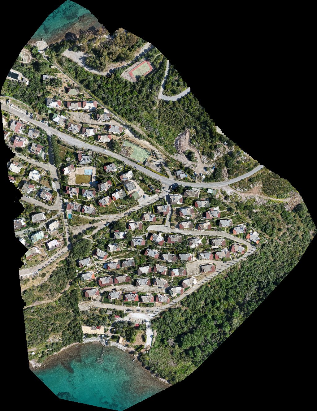 Drone map of Özgür Sahil Sitesi sarıs market manav in villa with Aerial drone map in Milas, Mugla, TR