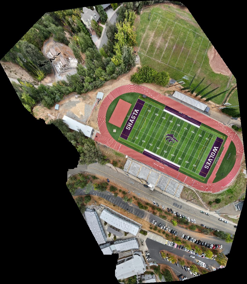 Drone map of American Football Field Shasta High School Athletic in Sunset Aerial drone map in Redding, Ca, US