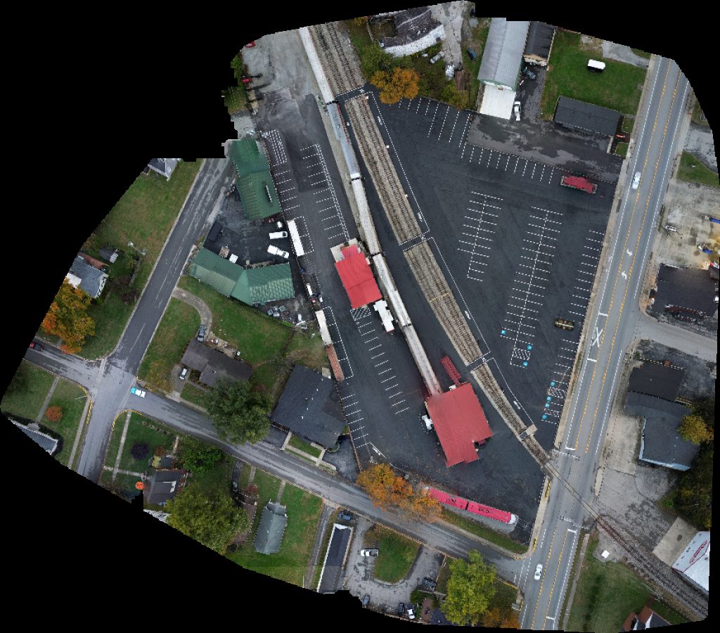 Drone map of My Old Kentucky Dinner Train Smith Associates Insurance Inc in car wash Aerial drone map in Bardstown, Ky, US