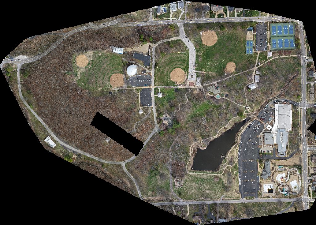 Drone map of Scout Shelter Pavilion Restrooms in at kirkwood park Aerial drone map in Kirkwood, Mo, US