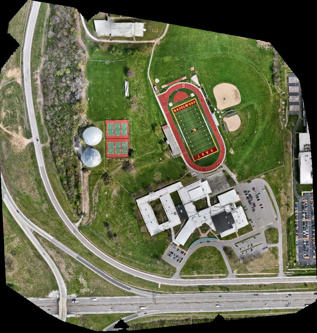 Drone map of Dunn Hazelwood East High School NB SB in christian hospital Aerial drone map in Spanish Lake, Mo, US