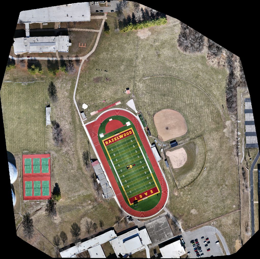 Drone map of Hazelwood East High School Middle in christian hospital Aerial drone map in St. Louis, Mo, US