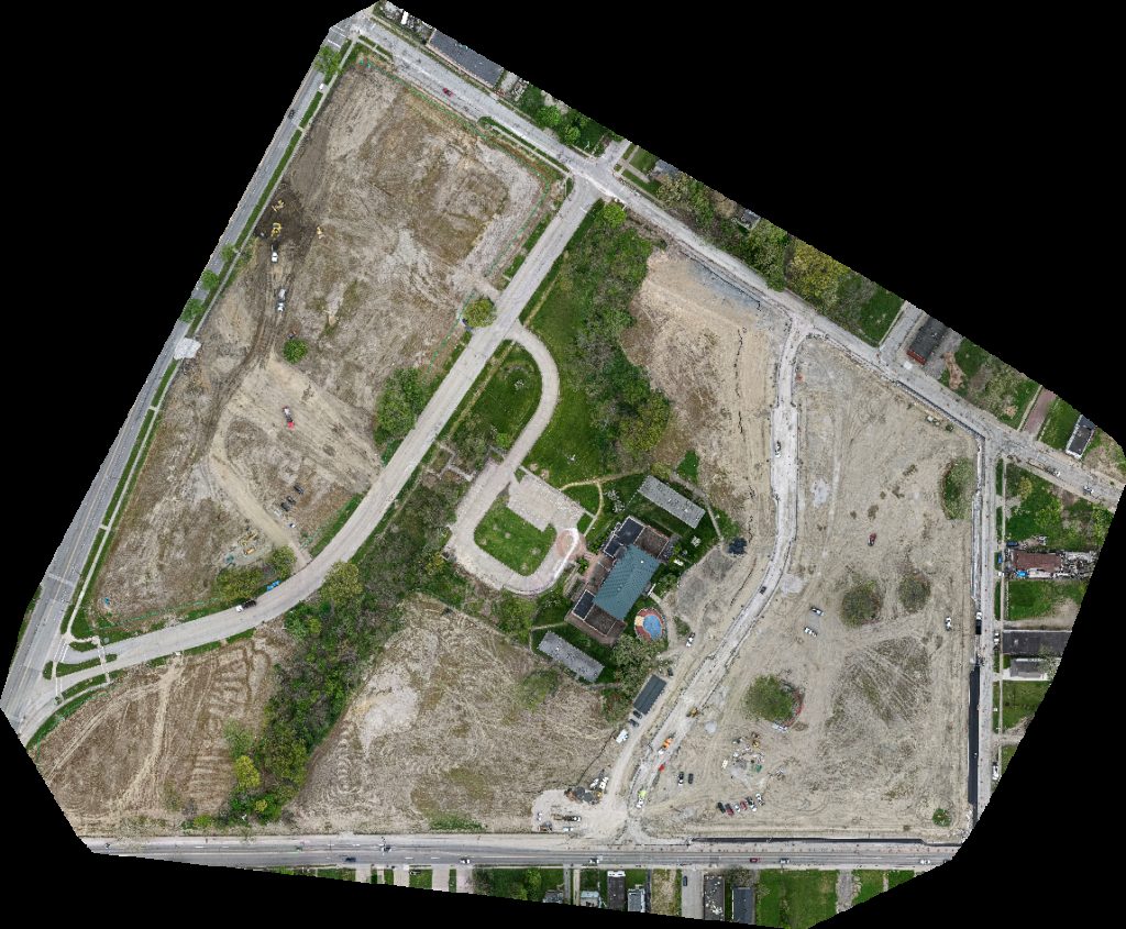 Drone map of Cuyahoga Metropolitan Housing Authority Woodhill Community Center Marion building in Woodland Hills Aerial drone map in Cleveland, Oh, US