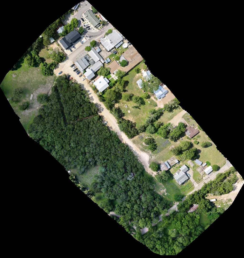 Drone map of The Bailey Group Realtors Angel Laughlin Broker Associate Hills of Texas Sky Realty in square inn Aerial drone map in Wimberley, Tx, US